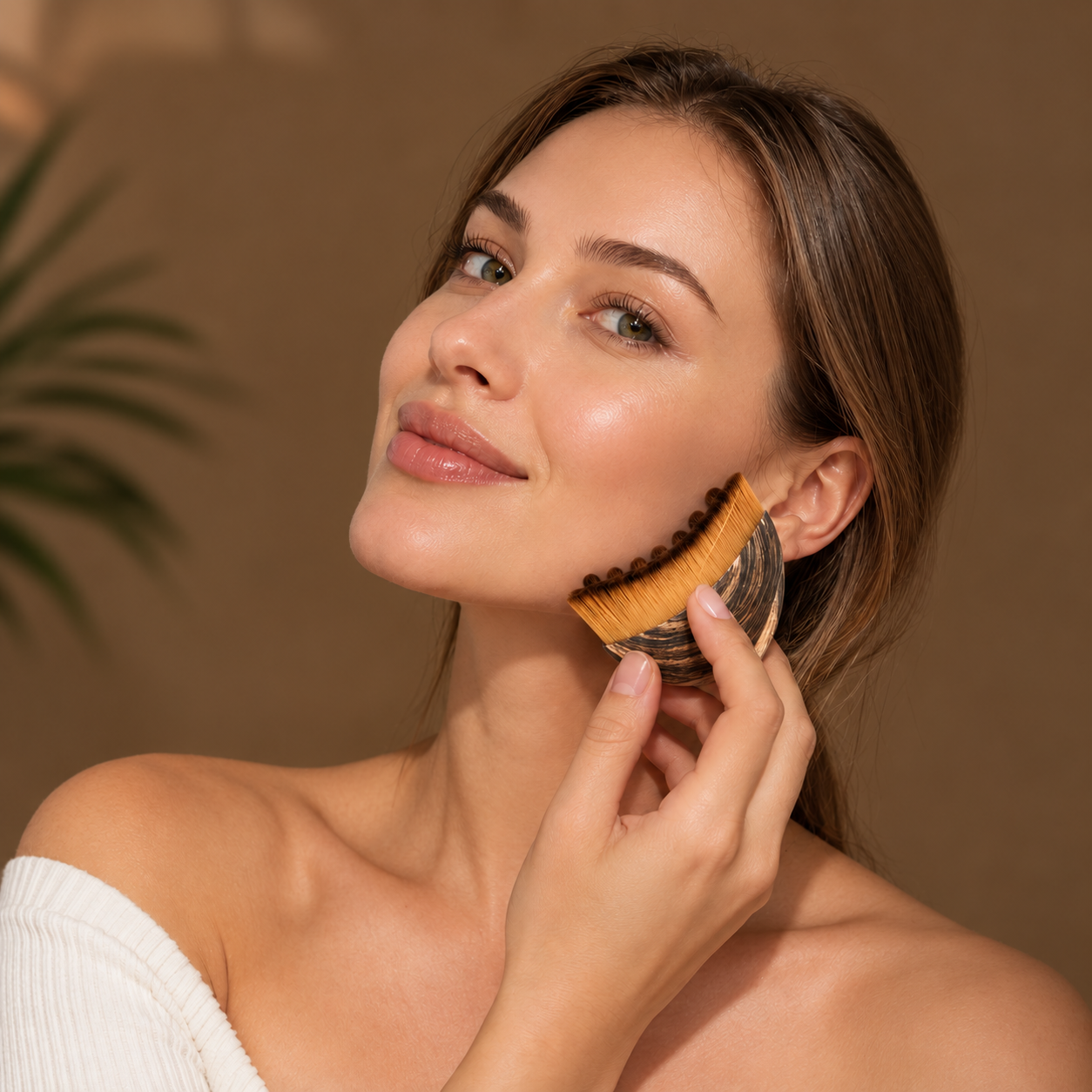 Woman using the small curved CAVAROCO facial brush along her jawline